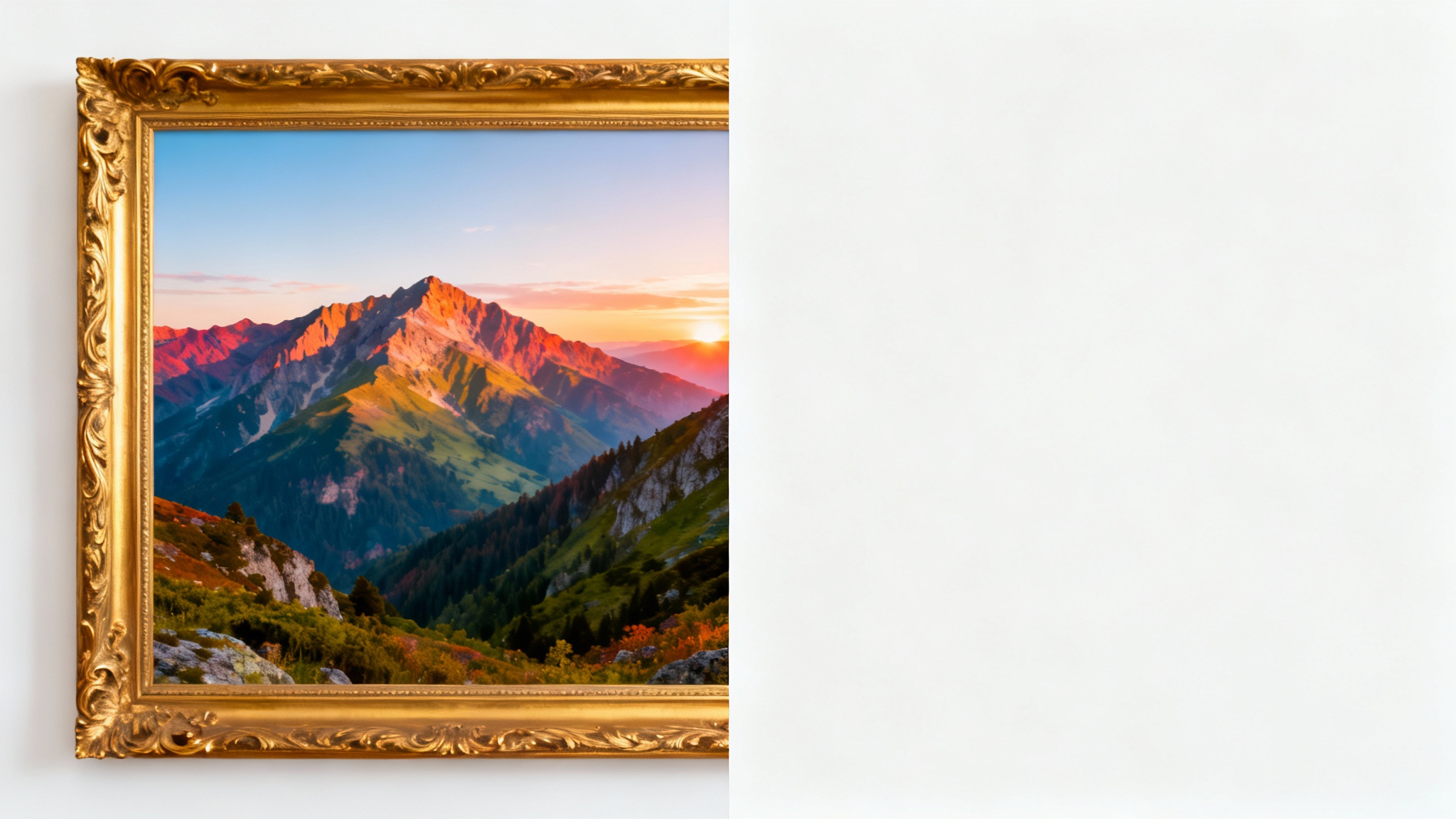 A before-and-after comparison image showing a mountain landscape photo. The left side has a thick, ornate golden border, while the right side is completely borderless, demonstrating the effect of a border removal tool.