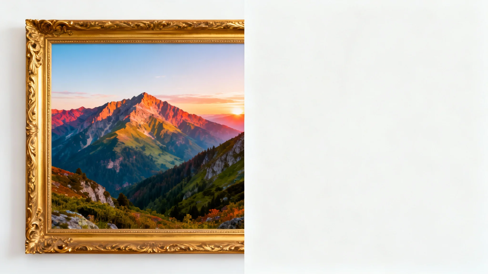 A before-and-after comparison image showing a mountain landscape photo. The left side has a thick, ornate golden border, while the right side is completely borderless, demonstrating the effect of a border removal tool.