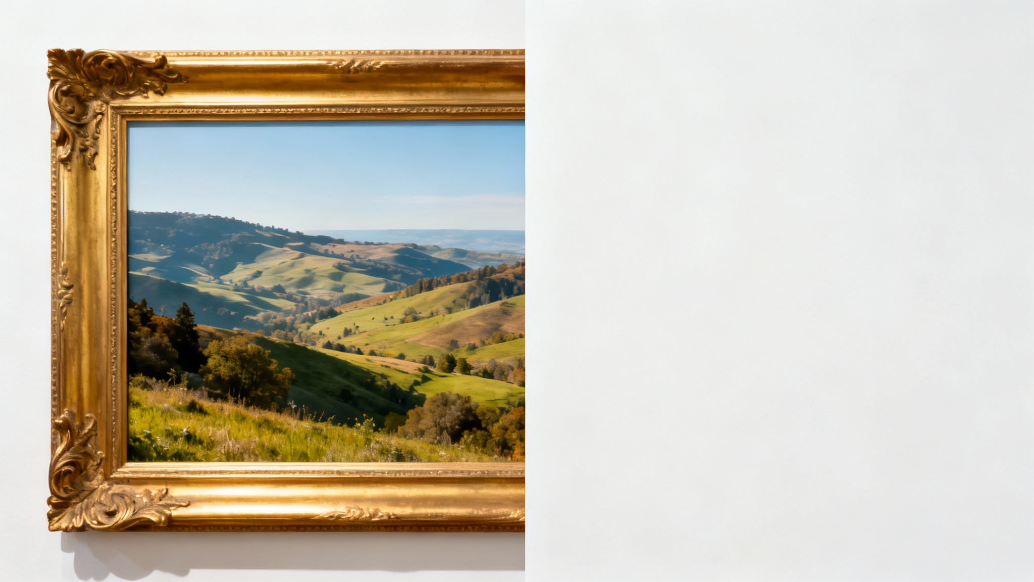 A conceptual image showing a single landscape photo that is half-framed in an ornate gold border and half-borderless, demonstrating the effect of removing a border from an image.