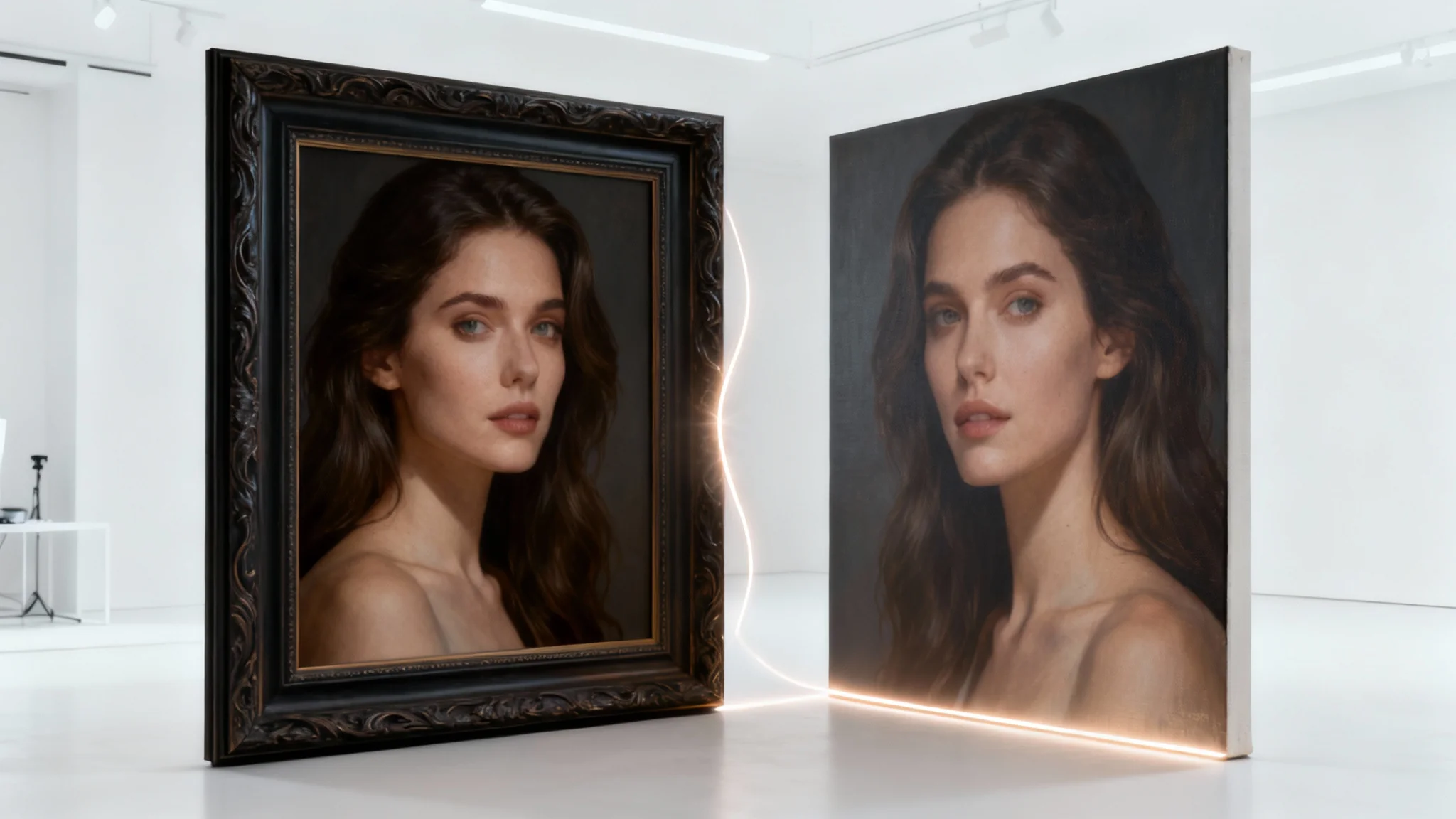 A conceptual image demonstrating a border removal tool. The left half shows a portrait with a thick border, while the right half shows the same portrait without the border, creating a clean, modern look.