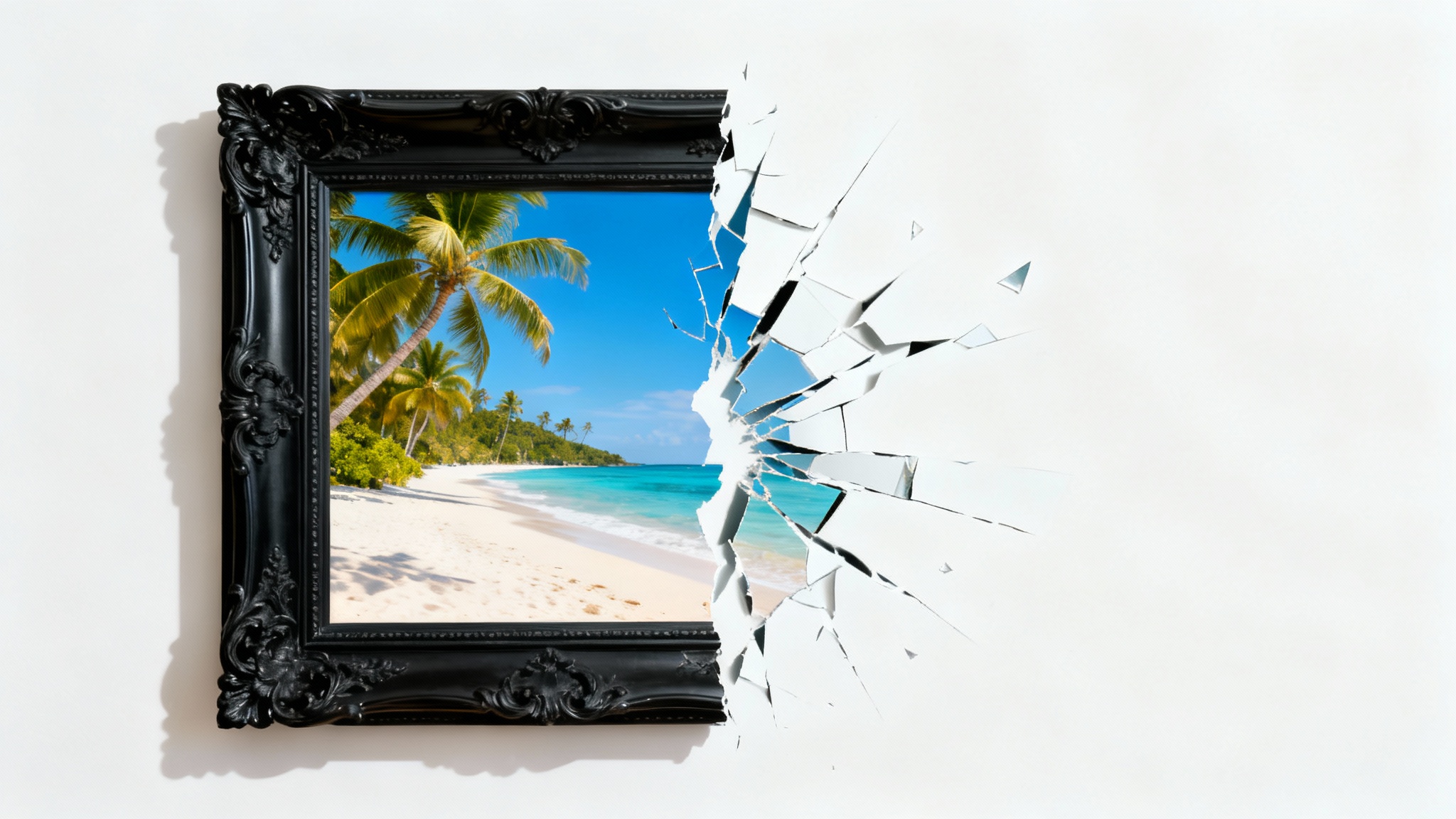 A conceptual image showing a photo of a beach, half of which is inside a thick black border and the other half is borderless, symbolizing the removal of a frame from an image.