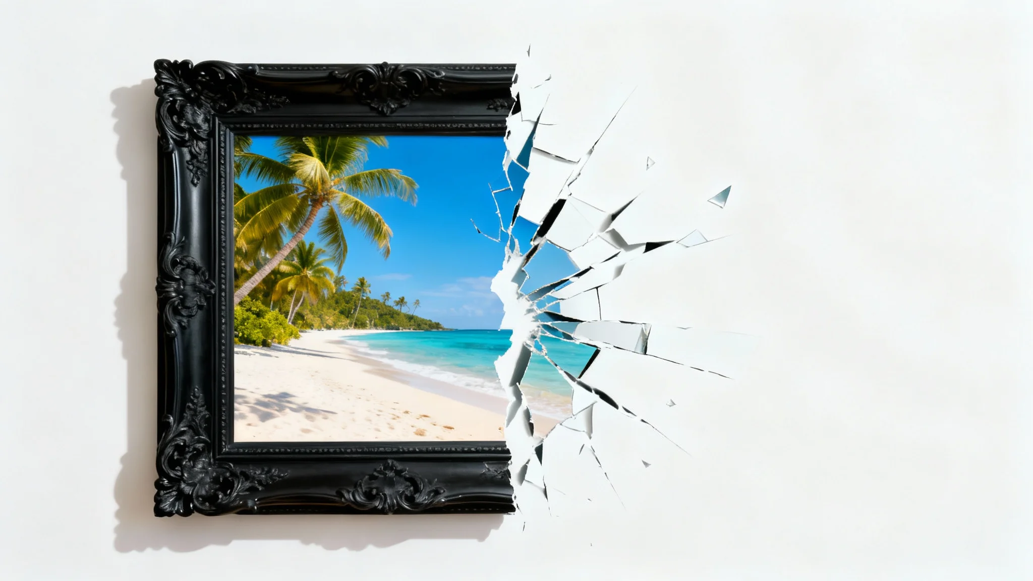 A conceptual image showing a photo of a beach, half of which is inside a thick black border and the other half is borderless, symbolizing the removal of a frame from an image.