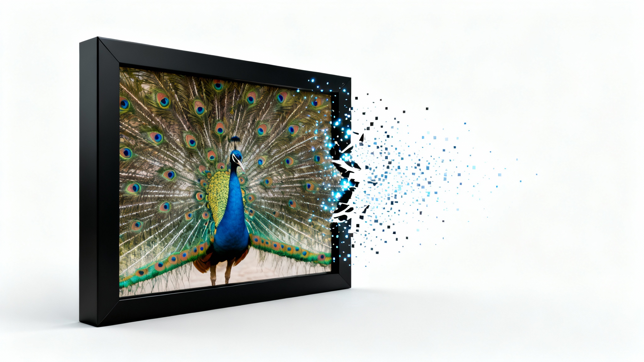 A visual representation of a border being removed from an image, showing a photo of a peacock where the left side has a black border and the right side shows the border dissolving away.