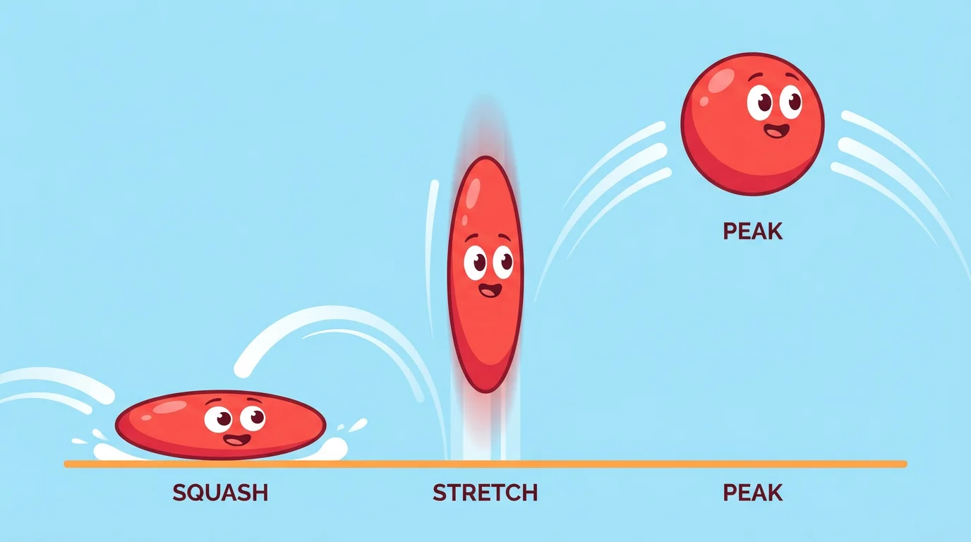 A sequence showing a red cartoon bouncing ball demonstrating the squash and stretch animation principle. The ball is shown squashed on the ground, stretched as it bounces up, and round at the top of its bounce, all in a single vibrant image.
