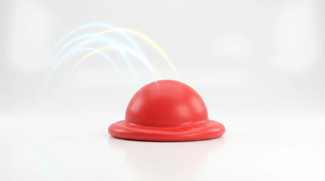 A 3D rendering of a red ball, squashed flat against a white surface, demonstrating the squash and stretch principle of animation.