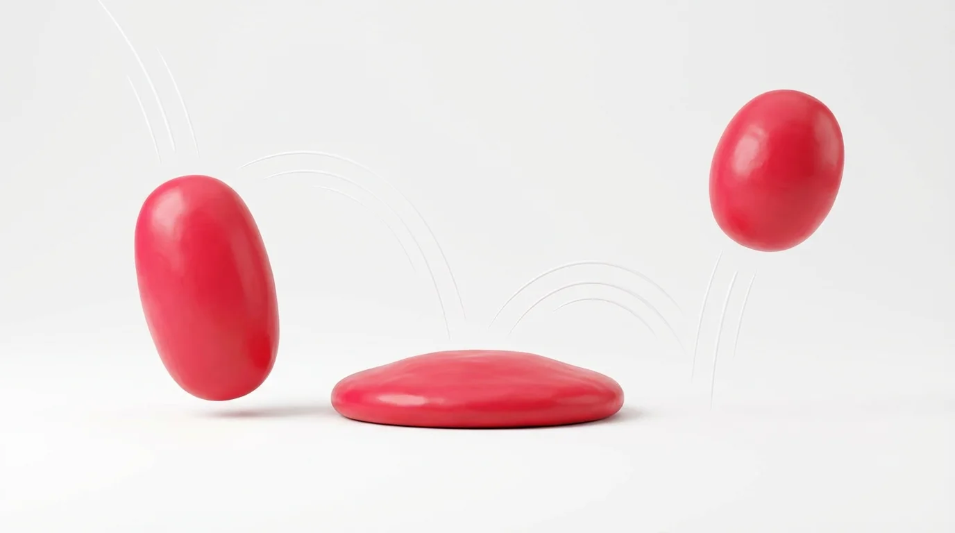 Three red balls demonstrating the squash and stretch animation principle against a white background. The balls are shown in sequence: falling and stretched, squashed on impact, and rebounding and stretched.