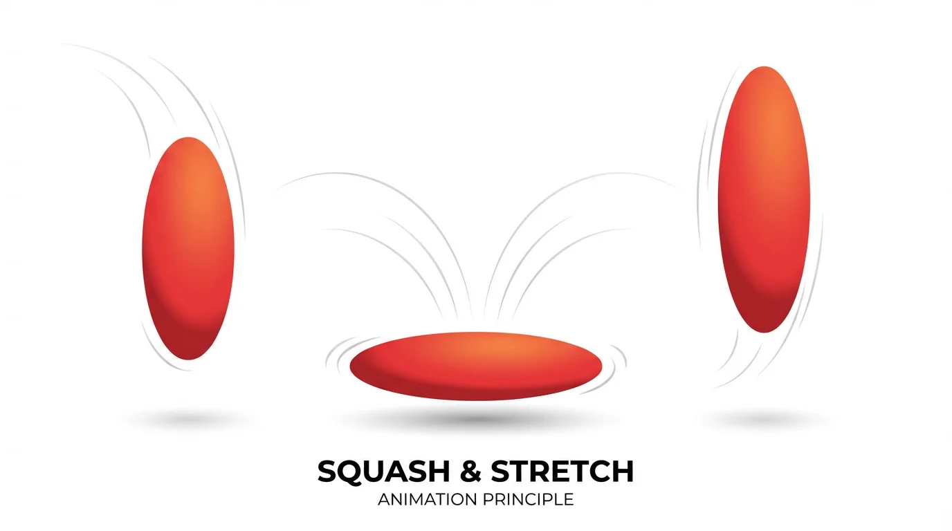 An illustration demonstrating the squash and stretch animation principle using a red bouncing ball shown in three stages: stretched while falling, squashed on impact, and stretched again while rebounding.