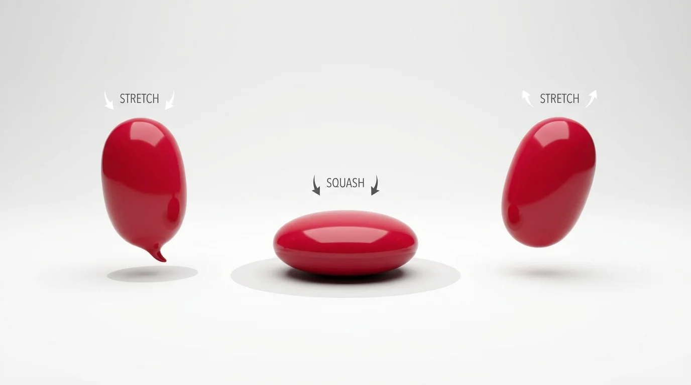 An illustration of the squash and stretch animation principle, showing a red ball in three sequential poses: stretched while falling, squashed upon impact, and stretched again while bouncing up.