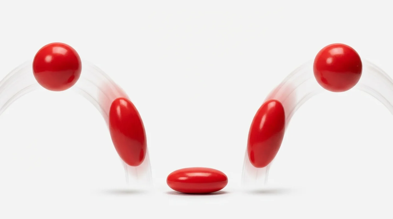 An illustration of the squash and stretch animation principle, showing a sequence of a red ball bouncing. The ball changes shape, stretching as it falls and squashing on impact with the ground.