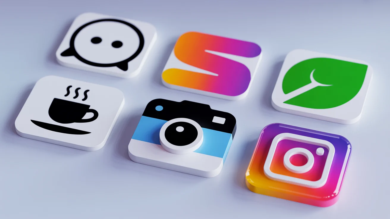 A vibrant showcase of professionally designed social media icons on a light gray background, demonstrating the output of an icon generator. The collection includes a minimalist coffee cup, a modern camera icon, a colorful abstract letter 'S', and a simple green leaf icon.