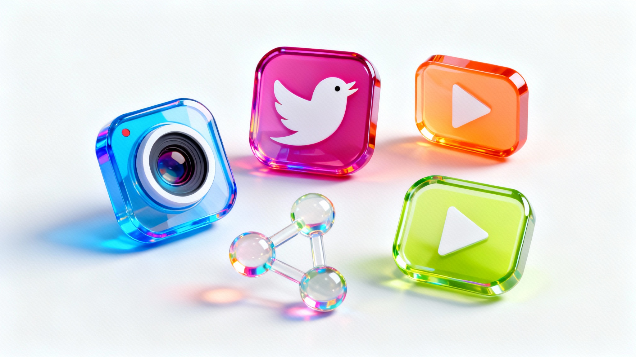 A collection of modern, 3D glass-style social media icons in vibrant colors, floating against a clean white background.