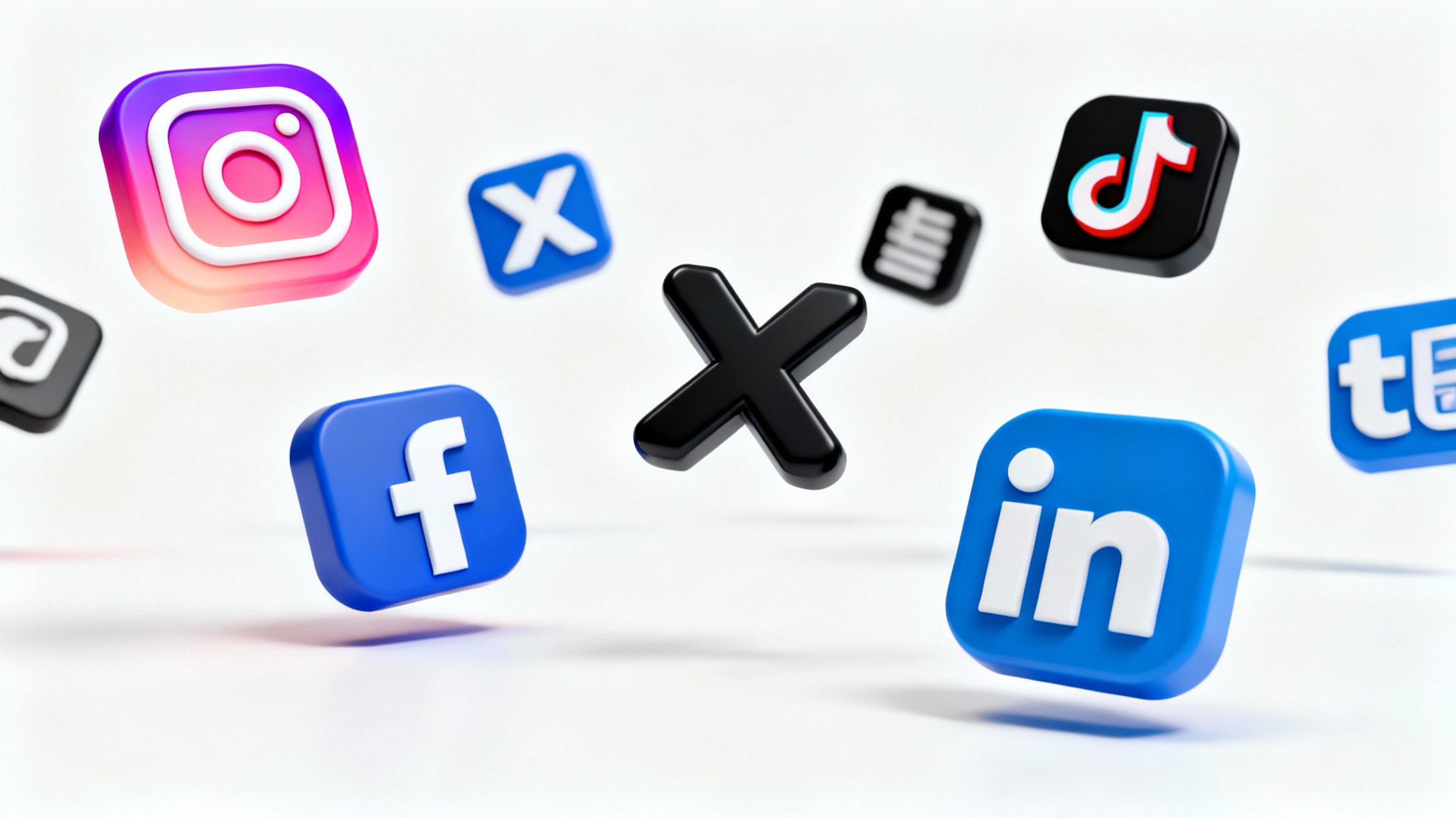 A collection of sleek, 3D social media icons like Instagram, Facebook, and X floating in a clean, minimalist space against a white background.