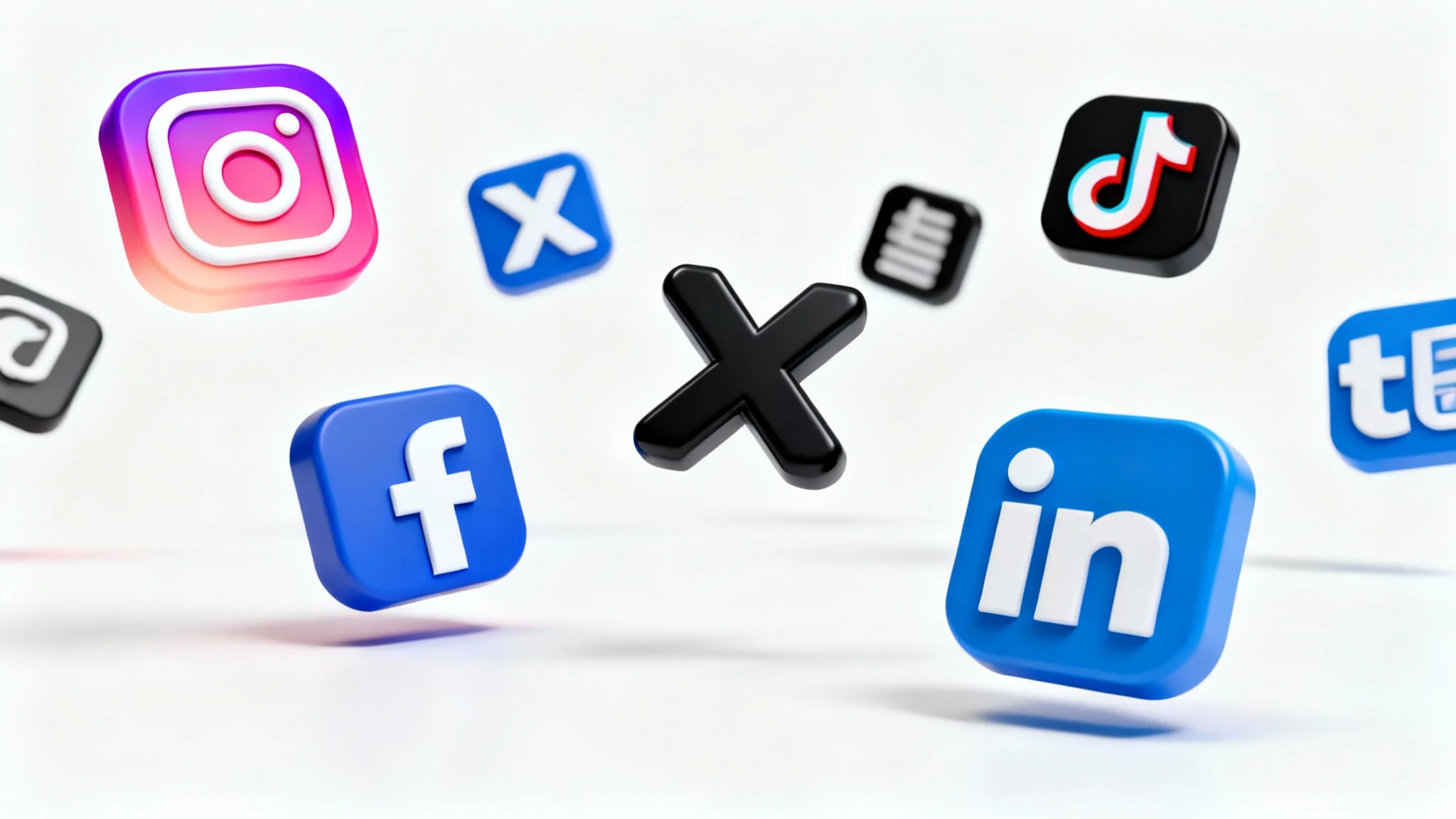 A collection of sleek, 3D social media icons like Instagram, Facebook, and X floating in a clean, minimalist space against a white background.