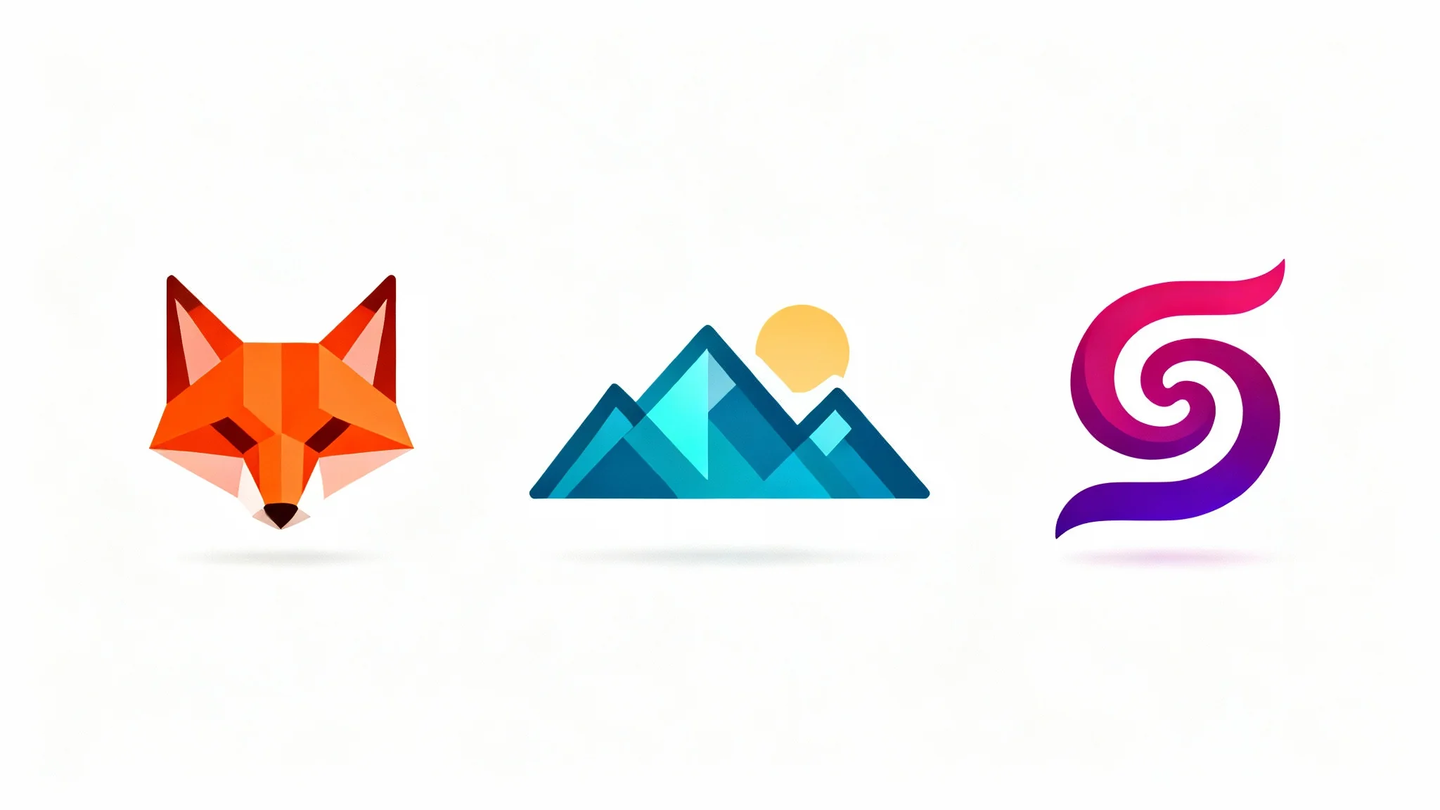 Three modern social media icons in a row on a white background: a geometric orange fox, a blue mountain range, and a purple abstract swirl.