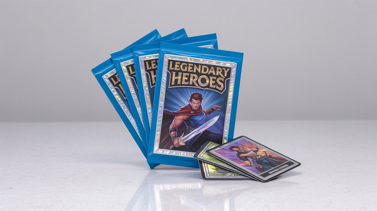 A professional product photograph showing several 'LEGENDARY HEROES' trading card booster packs arranged on a white surface. The packs are blue with silver holographic details and feature artwork of a fantasy hero.