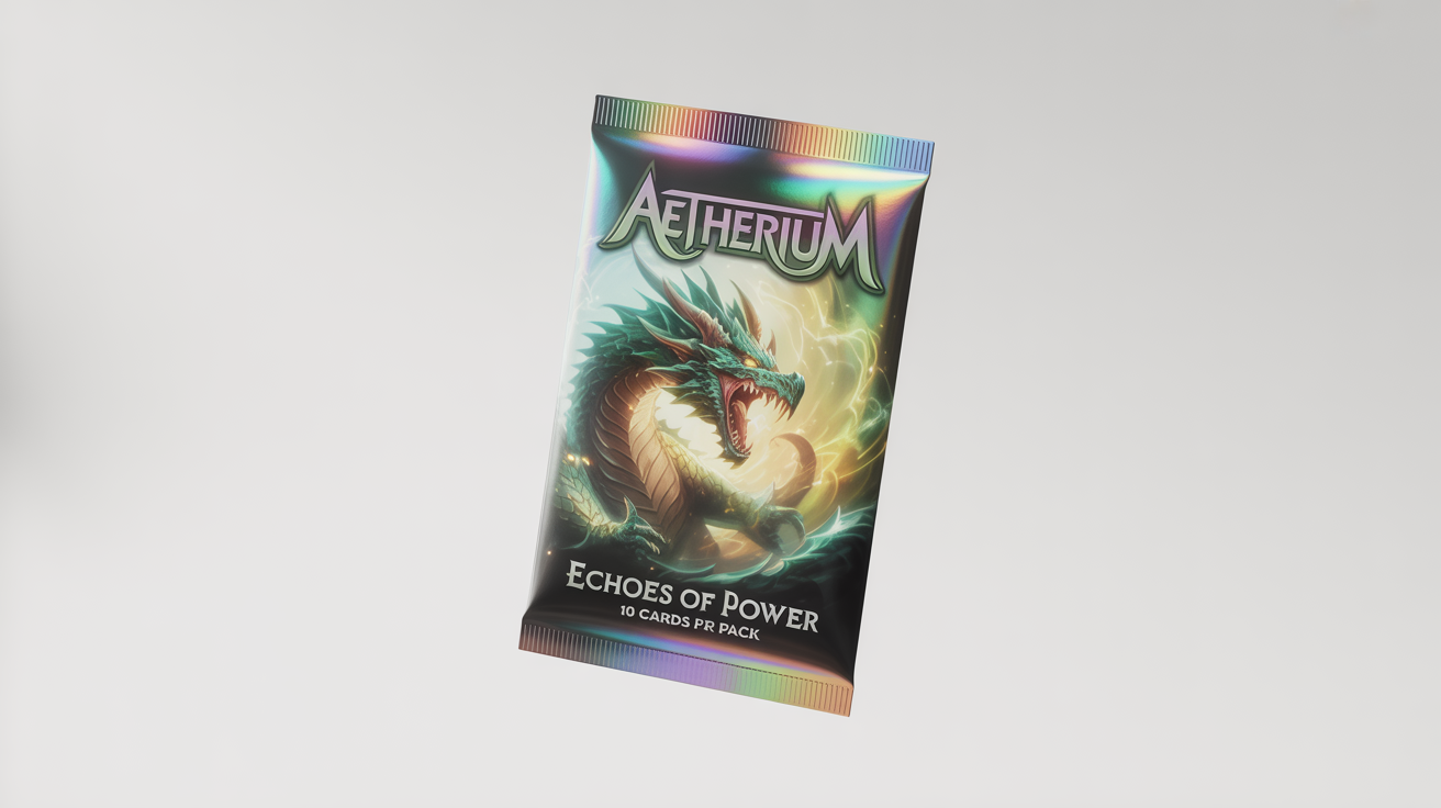 A professional product mockup of a holographic foil trading card booster pack for a fantasy game called 'Aetherium'. The pack features artwork of a roaring dragon and is displayed on a clean white background.