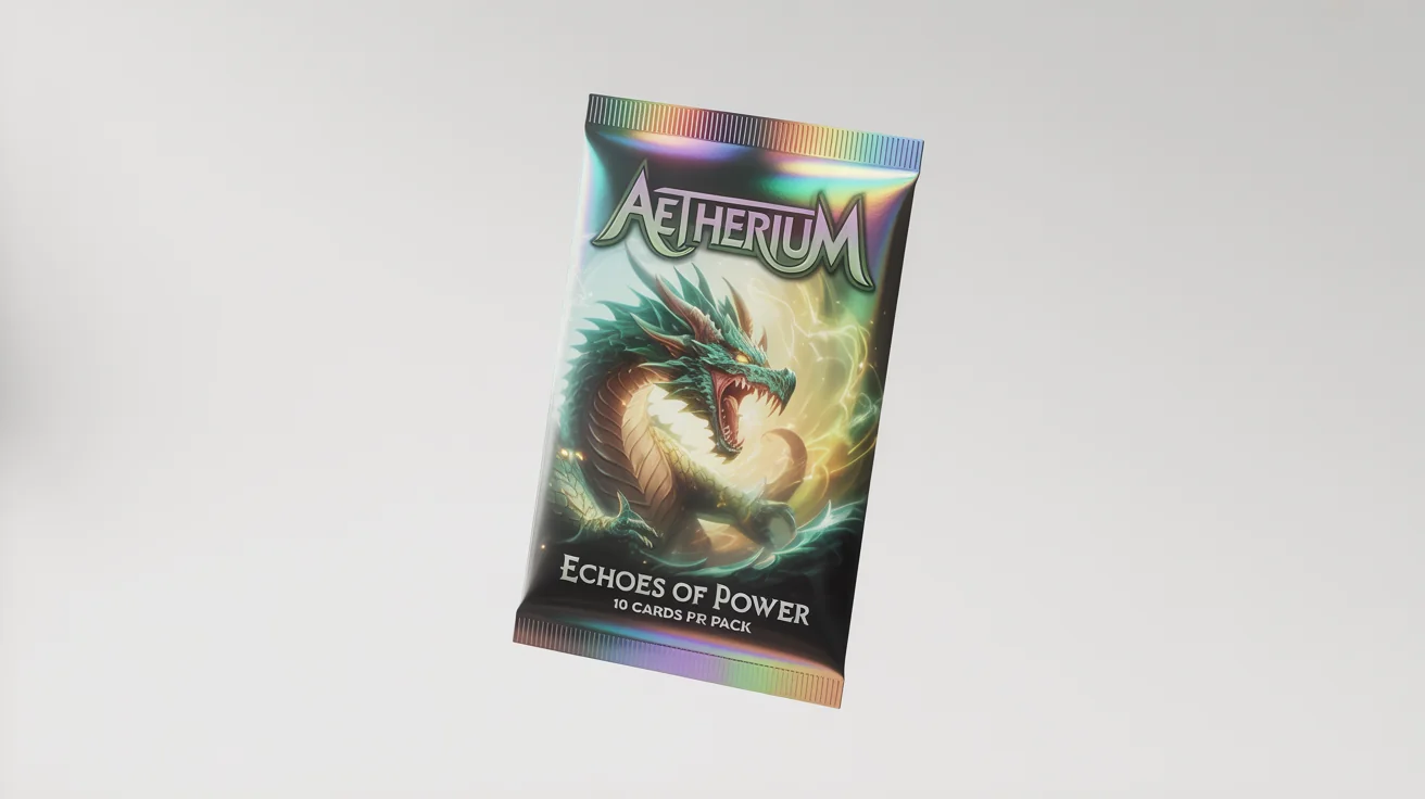 A professional product mockup of a holographic foil trading card booster pack for a fantasy game called 'Aetherium'. The pack features artwork of a roaring dragon and is displayed on a clean white background.