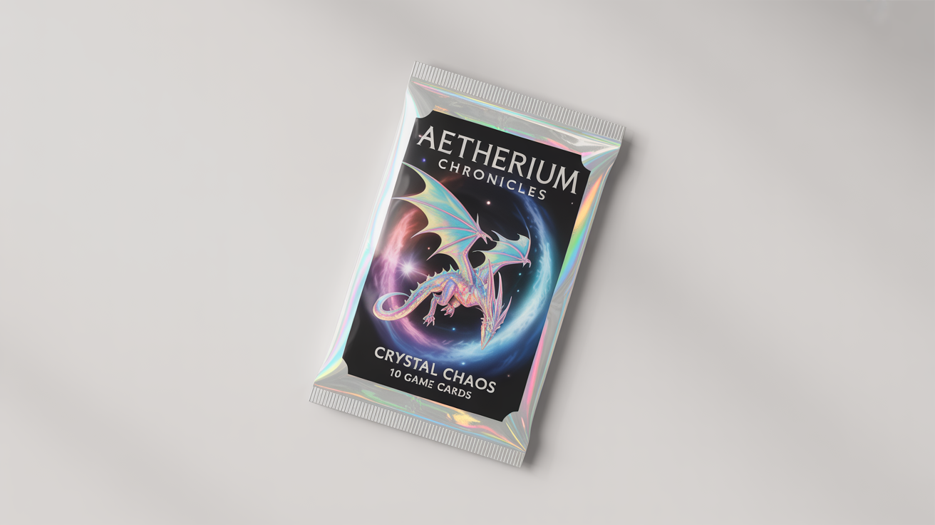 A professional product mockup of a holographic trading card booster pack for a fictional game called 'Aetherium Chronicles', featuring artwork of a dragon on a clean white background.
