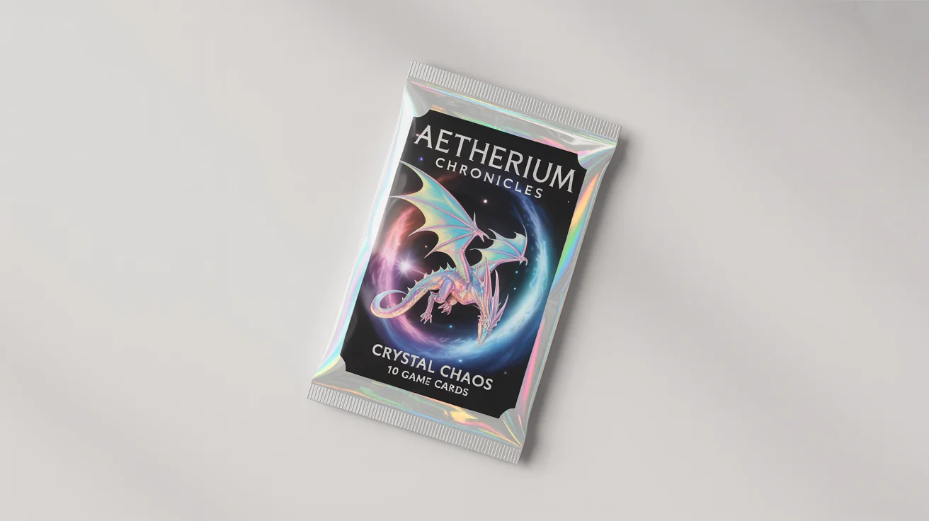 A professional product mockup of a holographic trading card booster pack for a fictional game called 'Aetherium Chronicles', featuring artwork of a dragon on a clean white background.