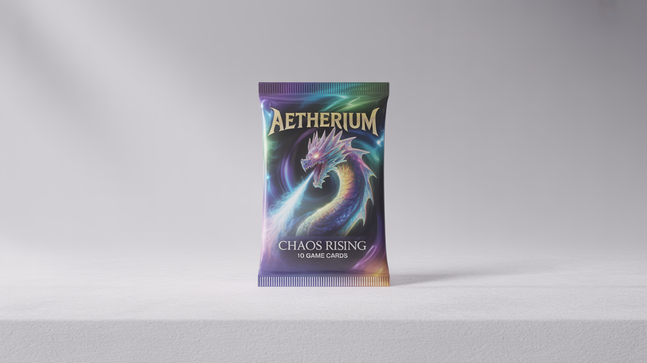 A professional mockup of a shiny, metallic foil trading card booster pack for a fictional game called 'Aetherium', featuring a dragon and set against a clean white background.