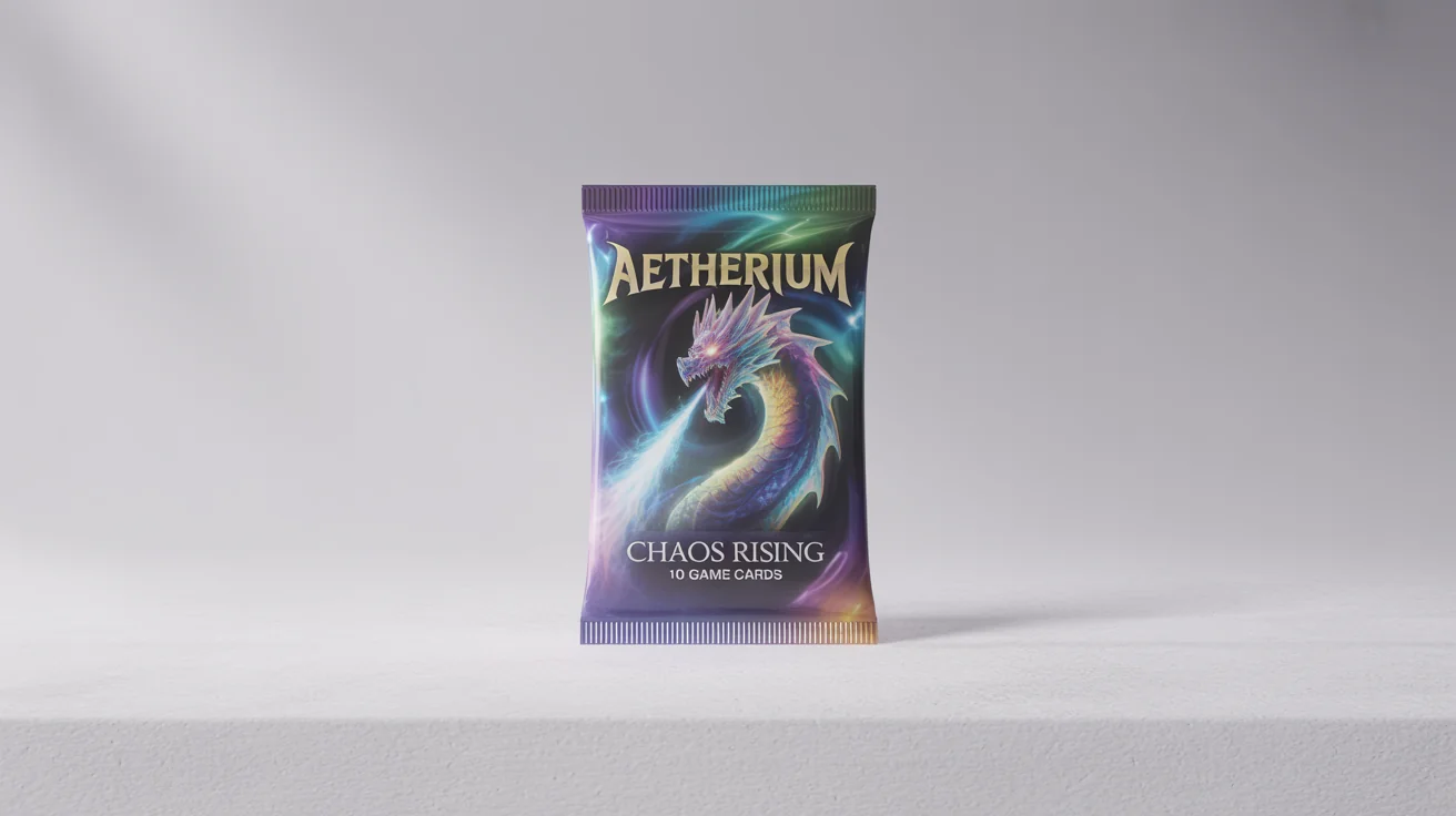 A professional mockup of a shiny, metallic foil trading card booster pack for a fictional game called 'Aetherium', featuring a dragon and set against a clean white background.