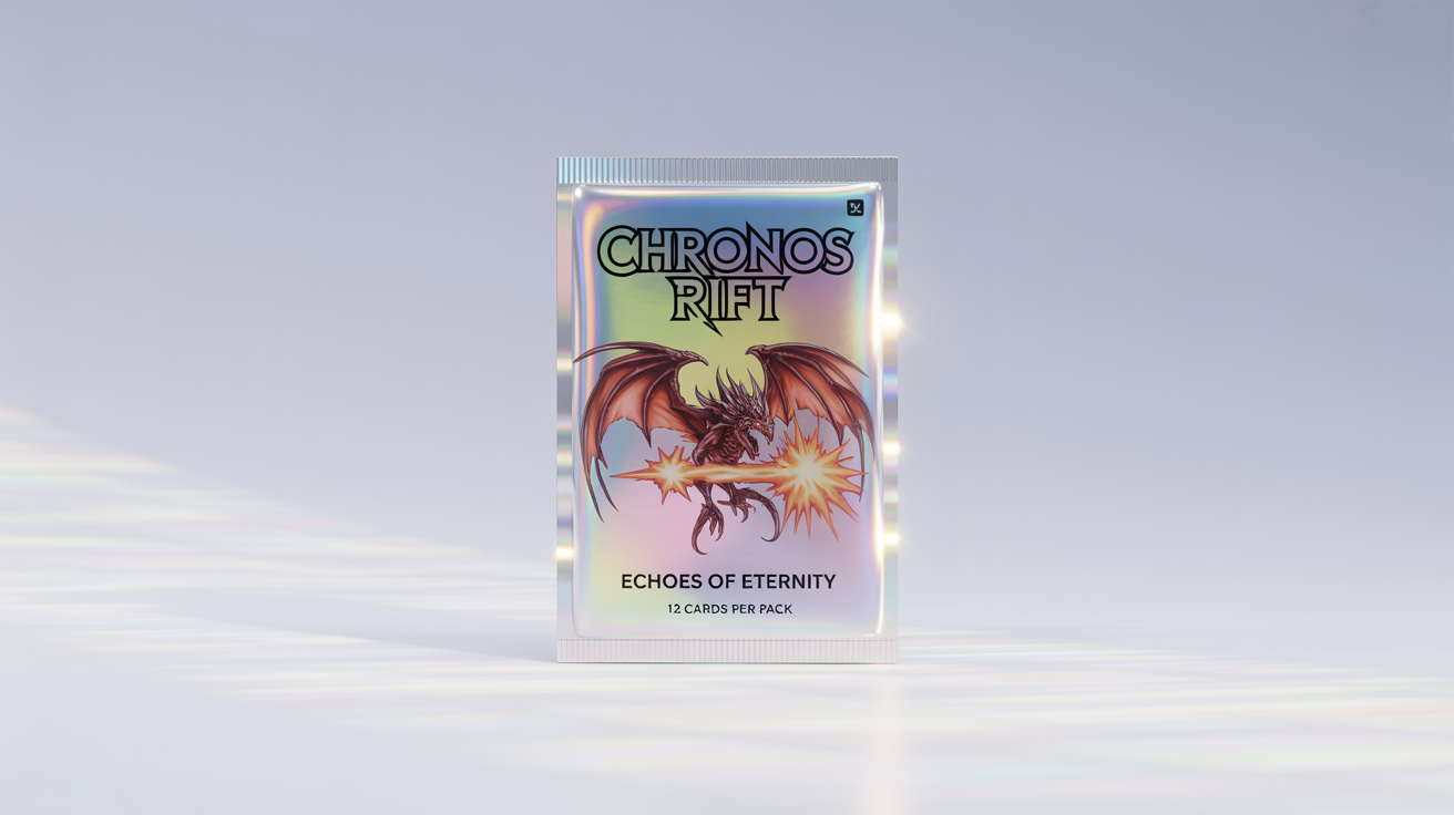 A photorealistic mockup of a glossy foil trading card booster pack for a fantasy game called 'Chronos Rift', shown on a clean white background.