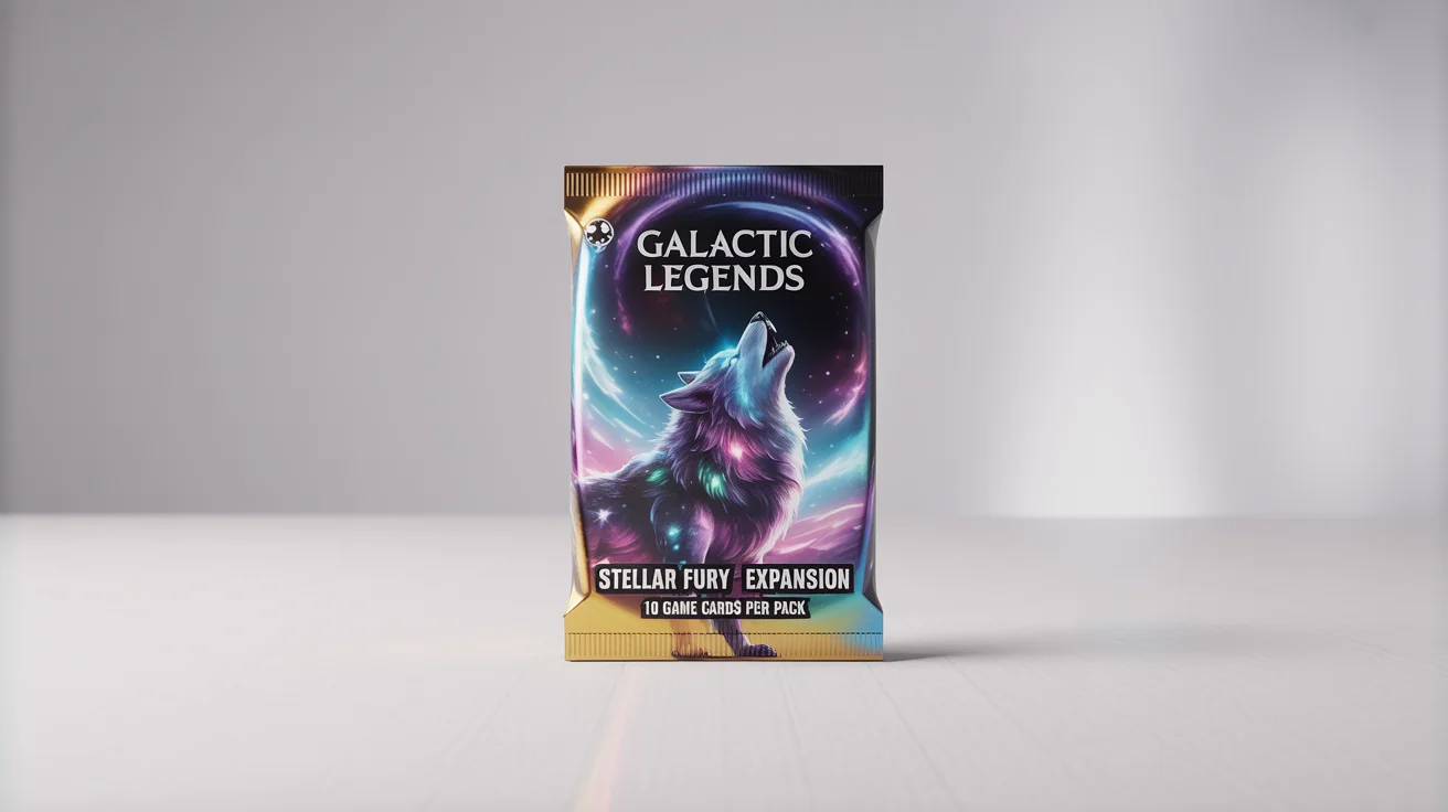 A professional mockup of a holographic foil trading card booster pack for a game called 'Galactic Legends', displayed on a plain white background.