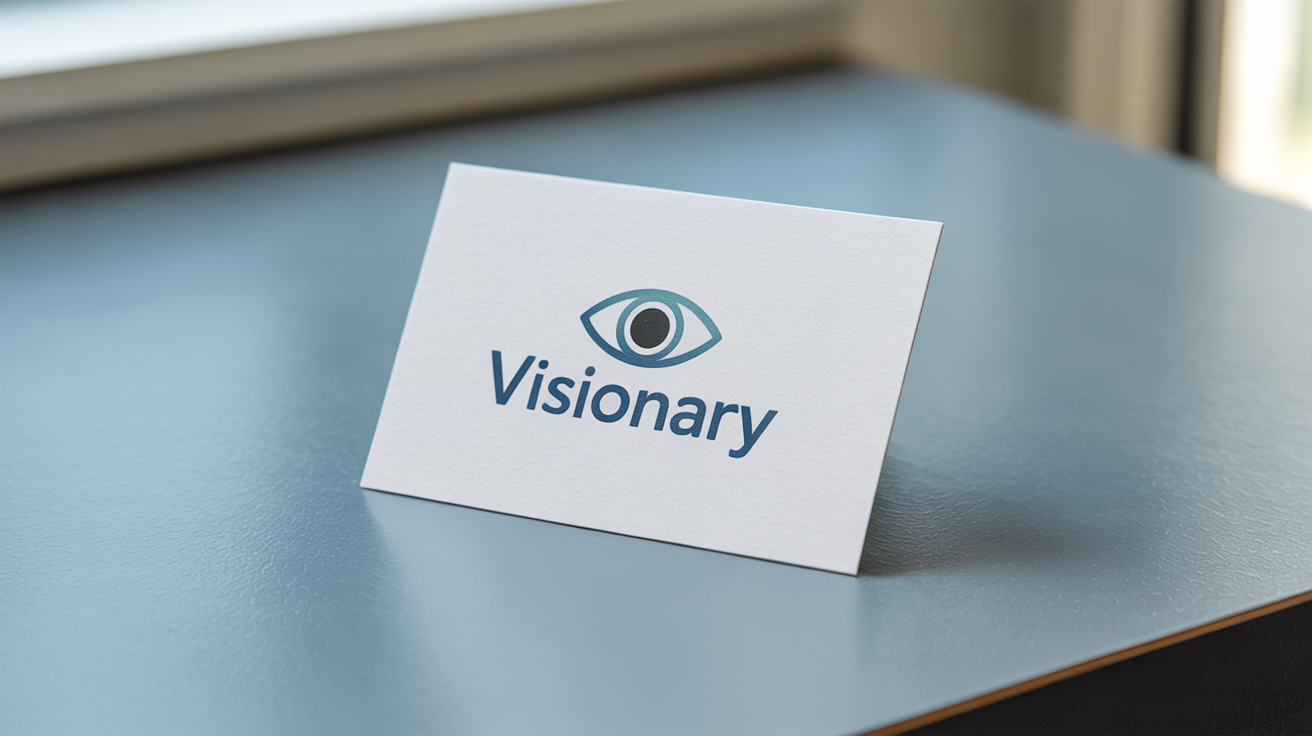 A close-up photograph of a modern business card featuring a minimalist eye logo for the brand 'Visionary.' The logo is a simple teal eye, and the brand name is in a navy blue font on a white card.