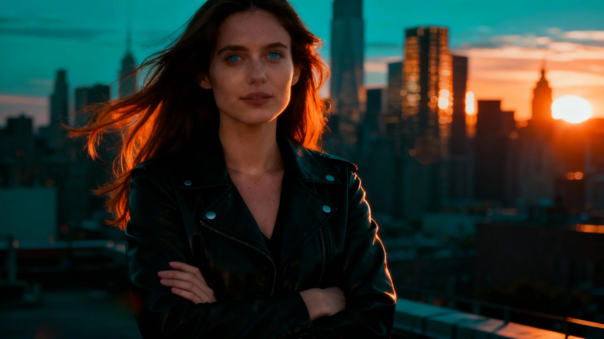 A professionally color-graded photo of a woman in a leather jacket against a cityscape, showcasing a dramatic teal and orange cinematic look.