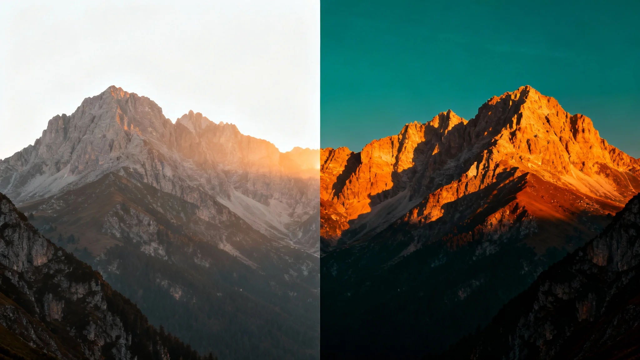 A split-screen comparison showing the power of color grading. The left side displays a dull, flat photo of a mountain sunrise, while the right side shows the same photo transformed with vibrant, cinematic colors.