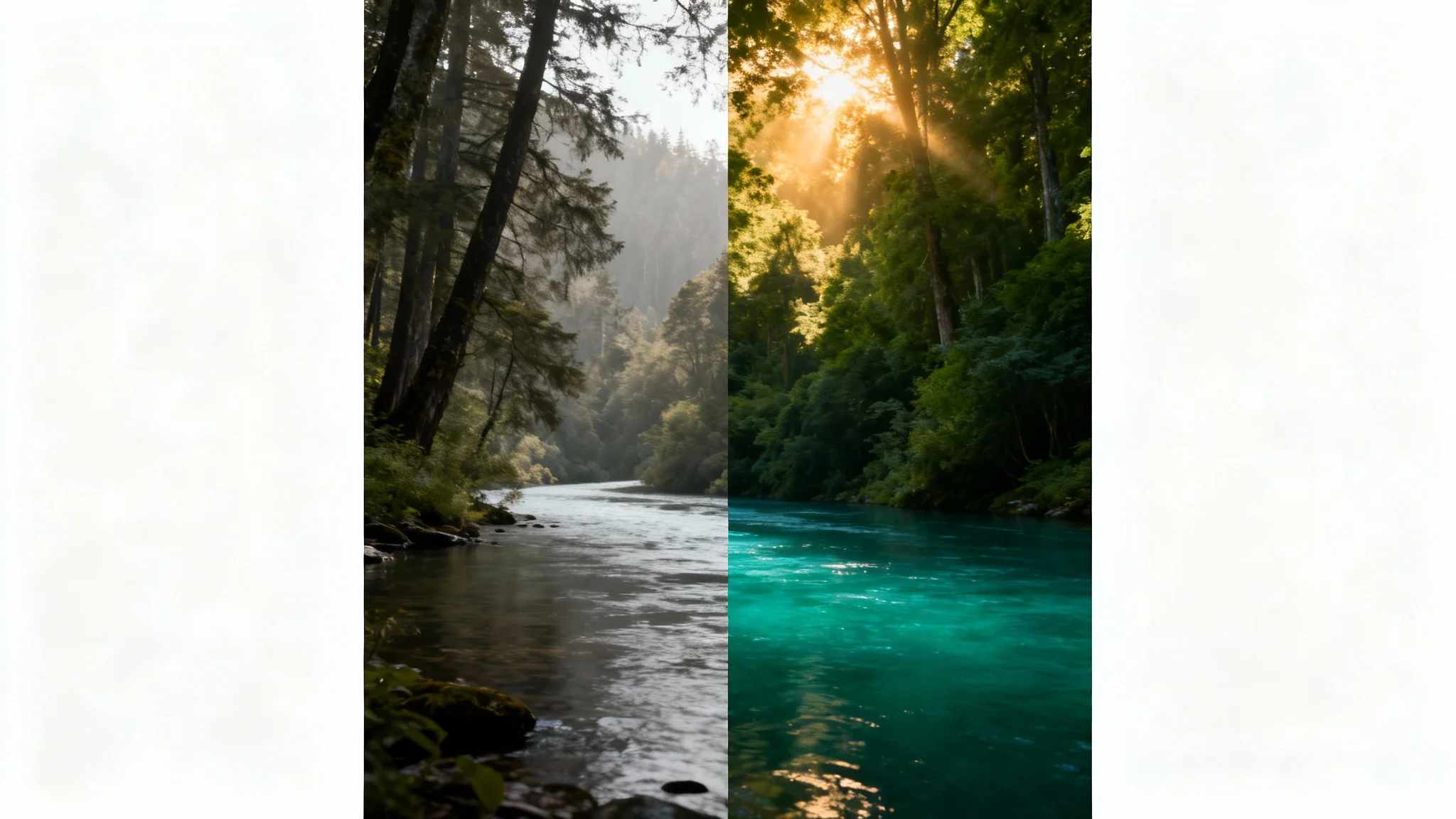 A side-by-side comparison image demonstrating color grading. The left side shows a forest scene with dull, flat colors, while the right side shows the same scene with rich, vibrant, and cinematic colors.