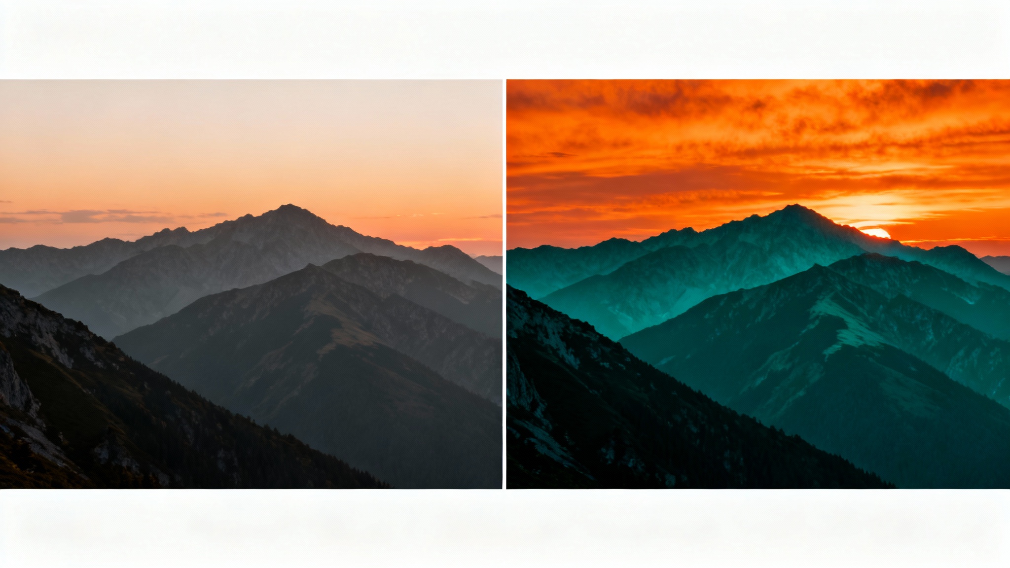 A split-image comparison demonstrating color grading. The left side shows a mountain landscape with flat, dull colors, and the right side shows the same image with vibrant, cinematic orange and teal tones.