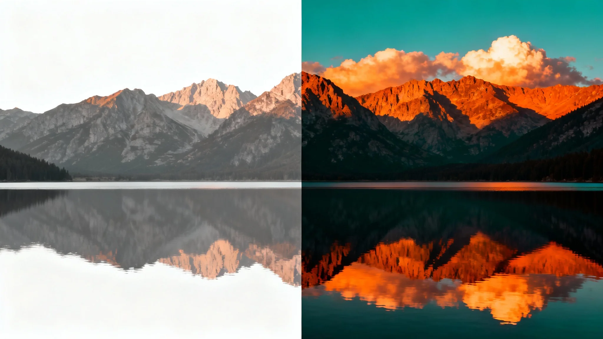 A before-and-after image demonstrating color grading. The photo of a mountain and lake is split in half; the left side has dull, flat colors, and the right side has vibrant, cinematic orange and teal colors.