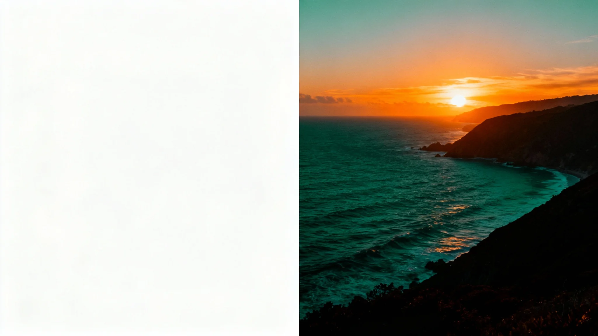 A before-and-after comparison image showing the effect of color grading. The left half is a flat, ungraded photo of a coastal sunset, and the right half is the same photo with a vibrant, cinematic teal and orange color grade.