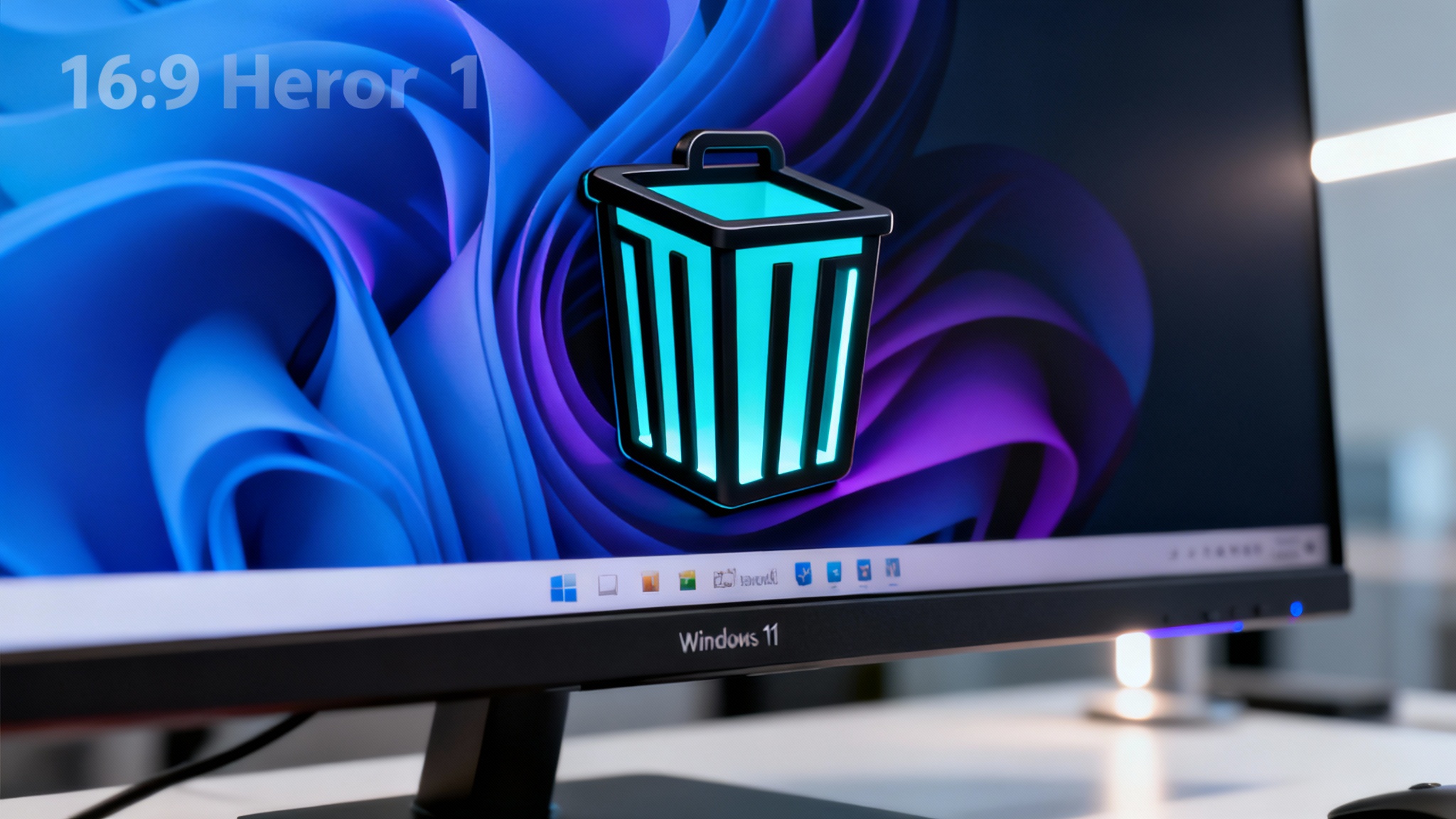A close-up of a modern computer monitor showing a customized Windows 11 desktop, featuring a unique, glowing black wireframe cube as the new recycle bin icon.