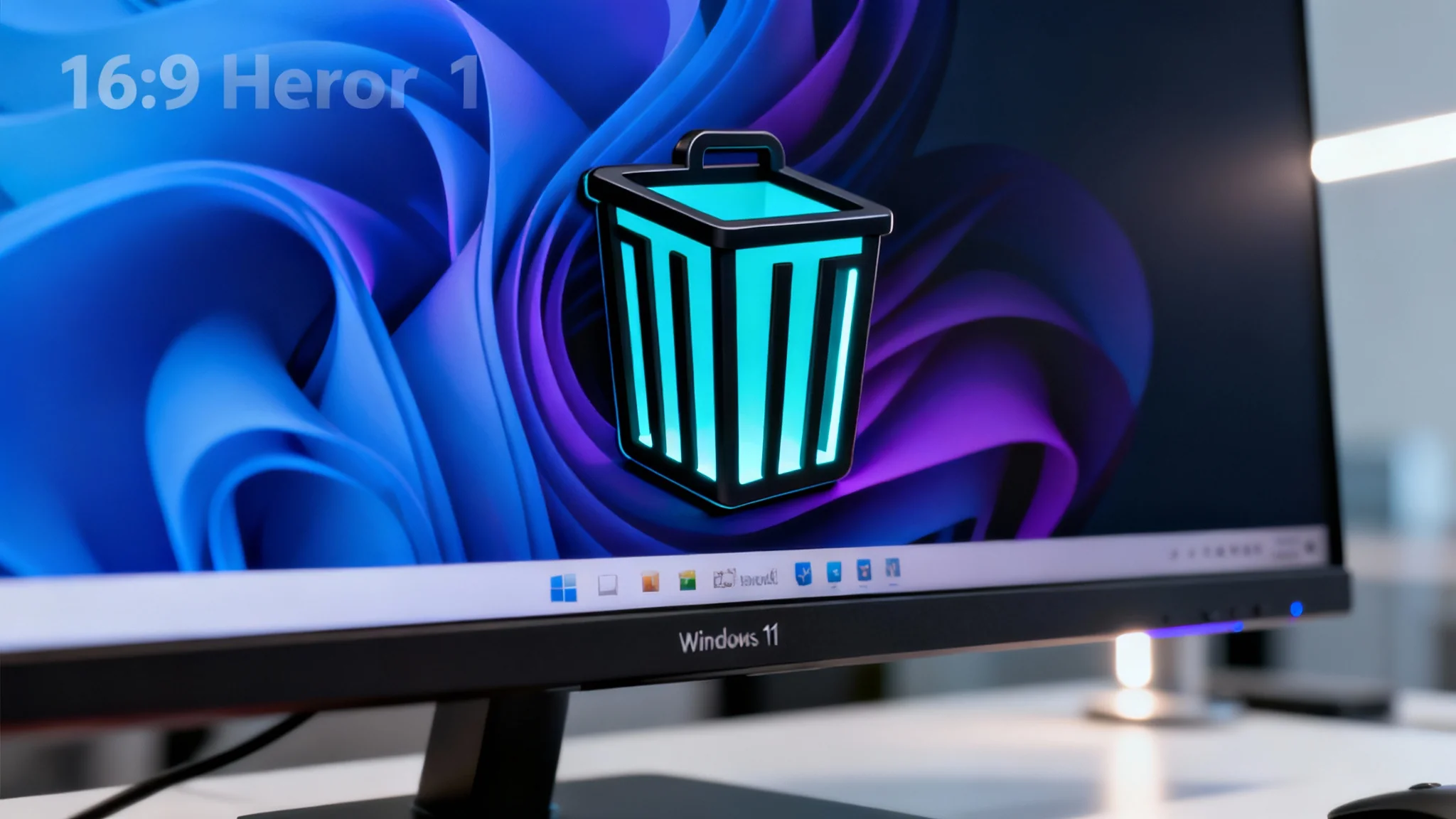 A close-up of a modern computer monitor showing a customized Windows 11 desktop, featuring a unique, glowing black wireframe cube as the new recycle bin icon.