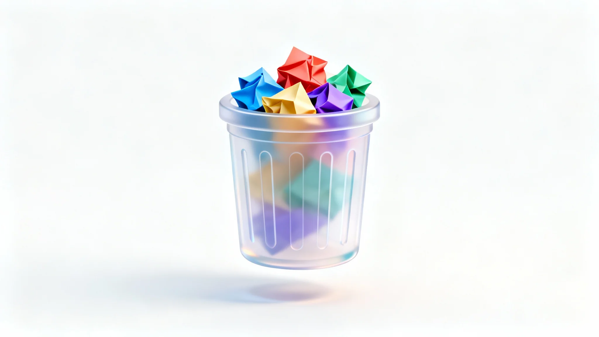 A 3D render of a full Windows 11 recycle bin icon, featuring a modern, semi-translucent design with colorful digital paper inside, set against a plain white background.