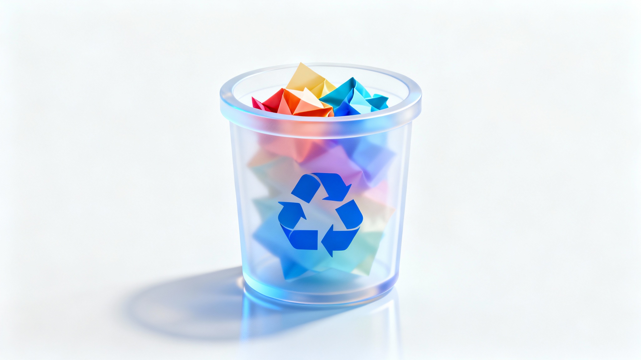 A 3D render of the Windows 11 Recycle Bin icon, full of crumpled paper, on a plain white background, illustrating its modern design.