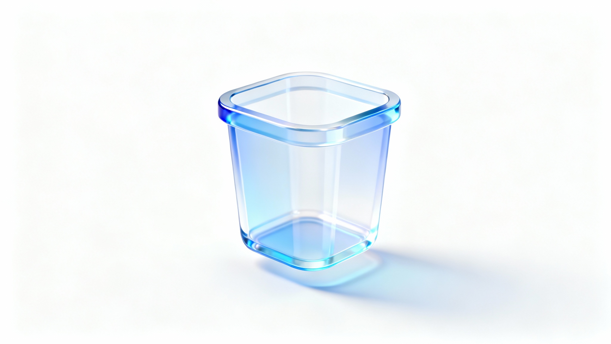 A modern 3D rendering of the Windows 11 Recycle Bin icon, empty and made of semi-transparent acrylic, set against a plain white background.