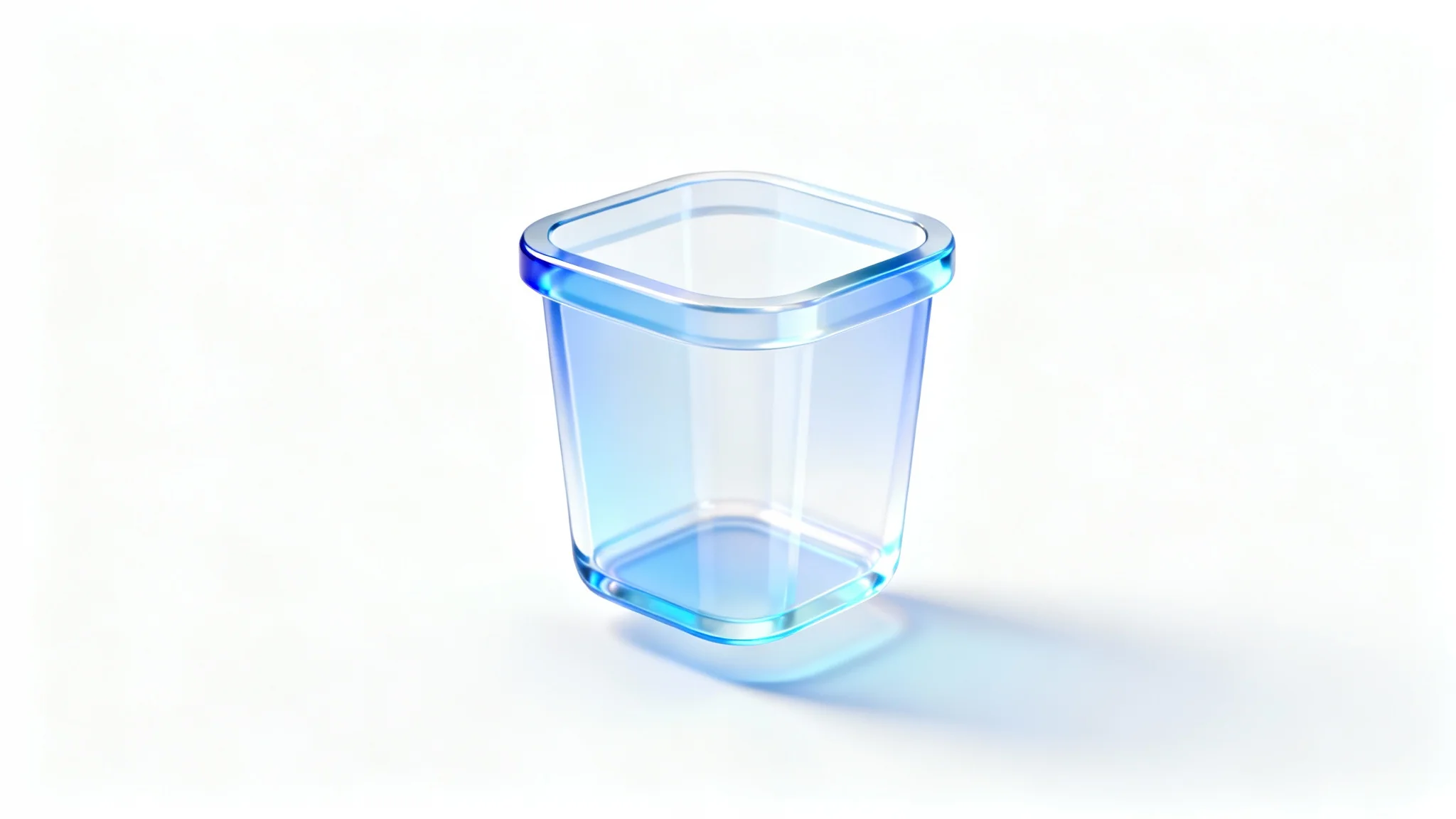 A modern 3D rendering of the Windows 11 Recycle Bin icon, empty and made of semi-transparent acrylic, set against a plain white background.