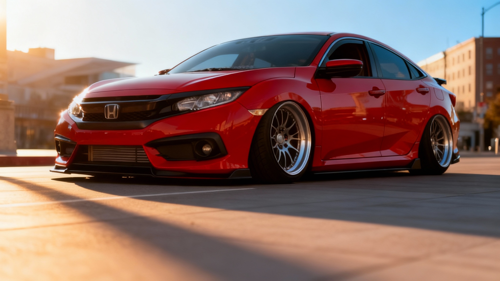 A visually stunning, low-angle photograph of a modern red sports car that has been digitally lowered, showcasing its aggressive stance and custom wheels on a city street at sunset.