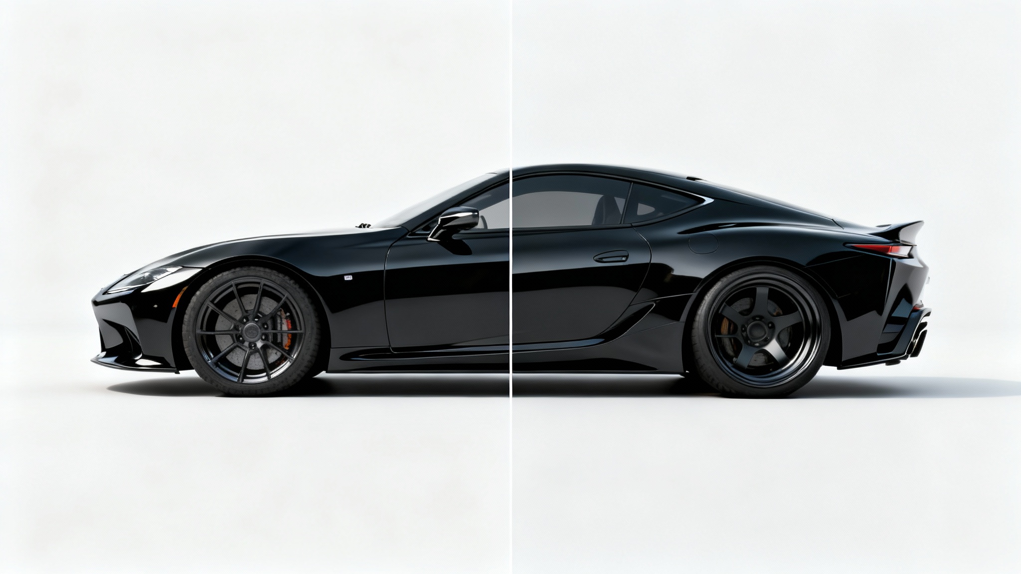 A before-and-after image of a black sports car being lowered. The left side shows the car at standard height, and the right side shows it lowered for a sporty look, all against a white background.