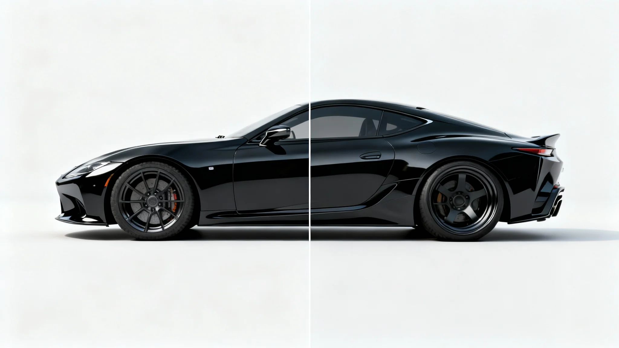 A before-and-after image of a black sports car being lowered. The left side shows the car at standard height, and the right side shows it lowered for a sporty look, all against a white background.