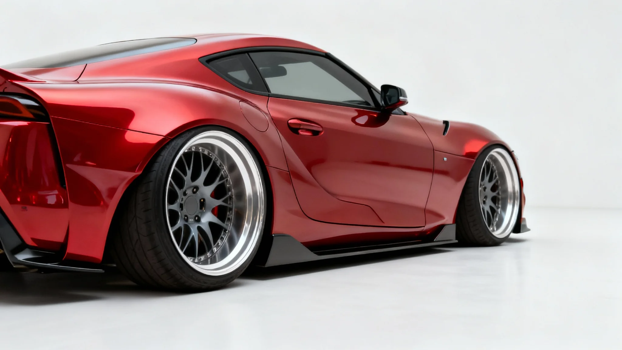 A photorealistic image of a glossy red sports car with a lowered suspension, shown from the side in a clean white studio.