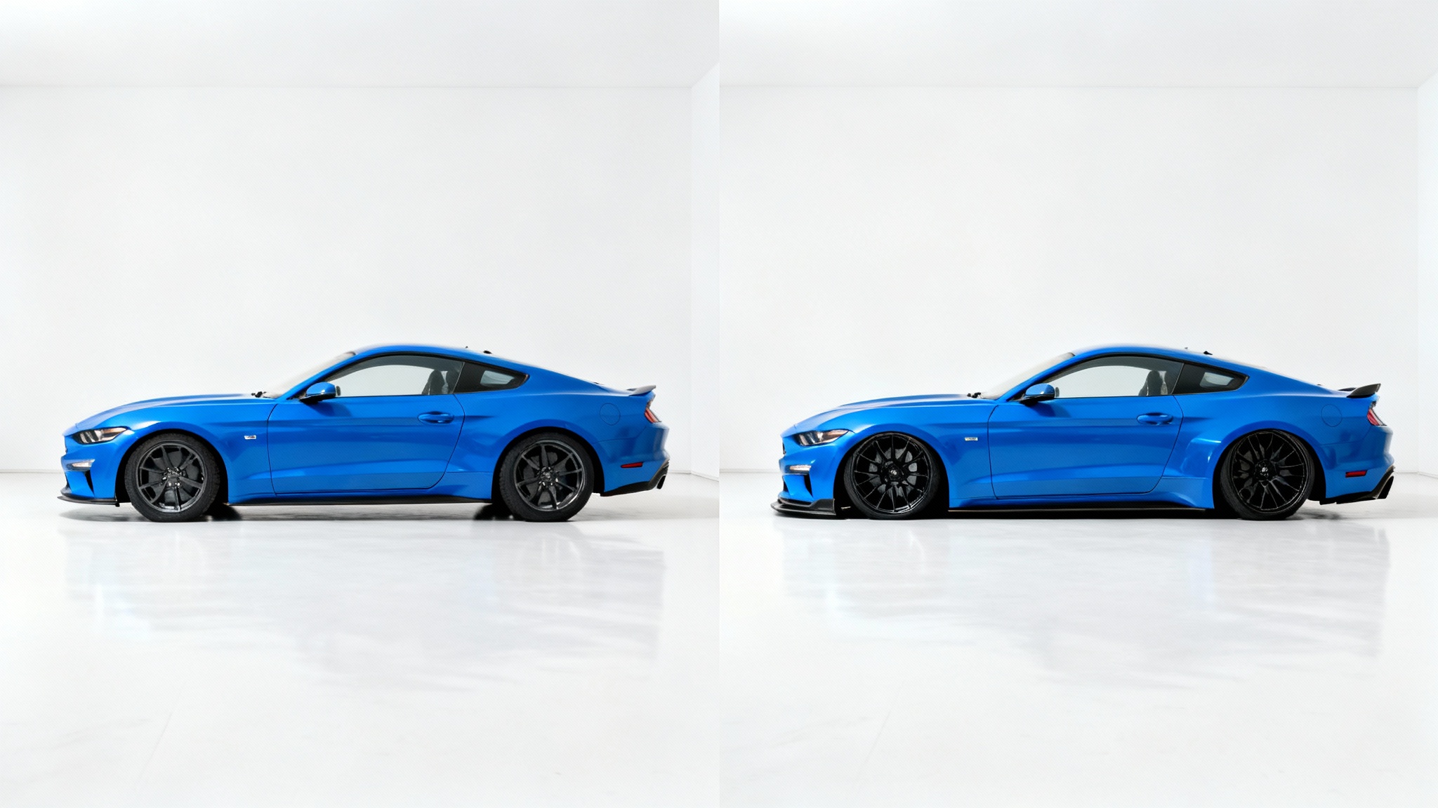 A before-and-after comparison image of a blue sports car, showing it at standard height on the left and with a lowered suspension on the right.