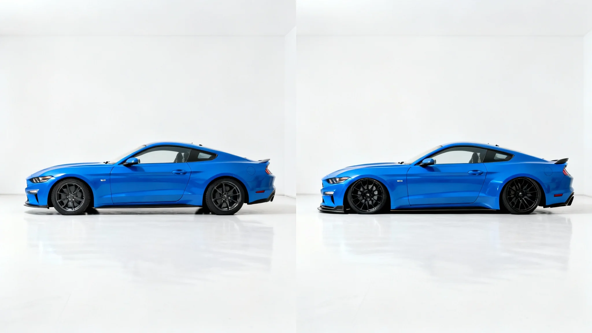 A before-and-after comparison image of a blue sports car, showing it at standard height on the left and with a lowered suspension on the right.