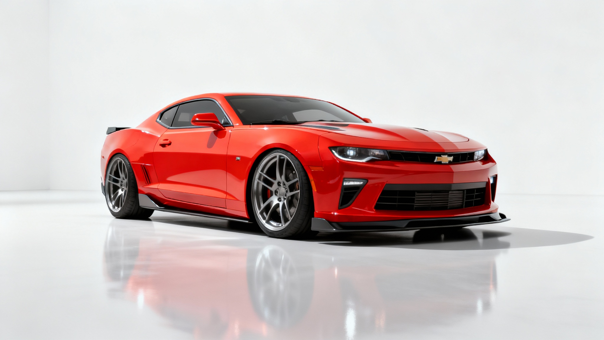 A sleek, modern red sports car with a lowered suspension, shown from a three-quarter angle against a clean white background.