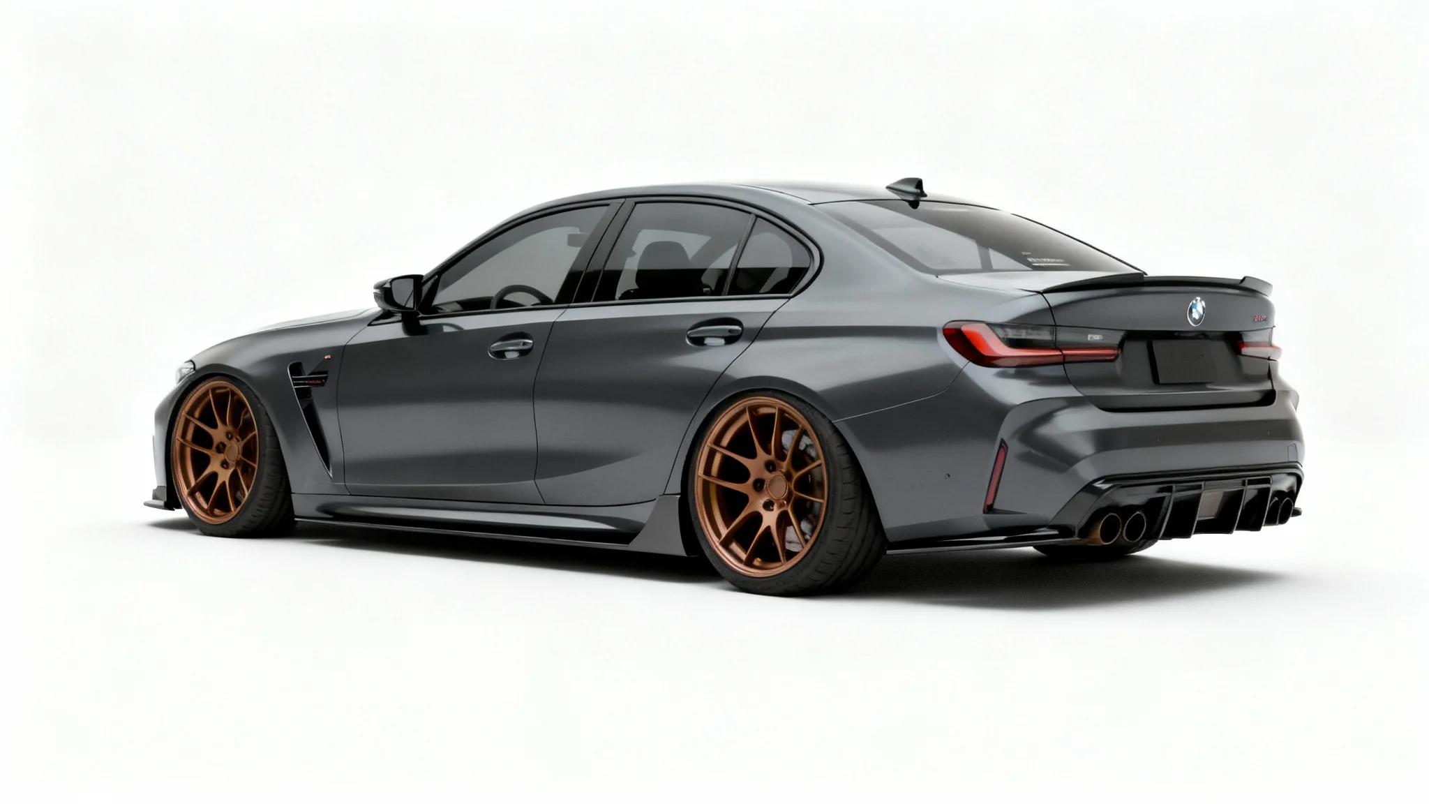 A side profile of a modern dark grey sports sedan with a lowered suspension and custom bronze wheels, set against a plain white background.
