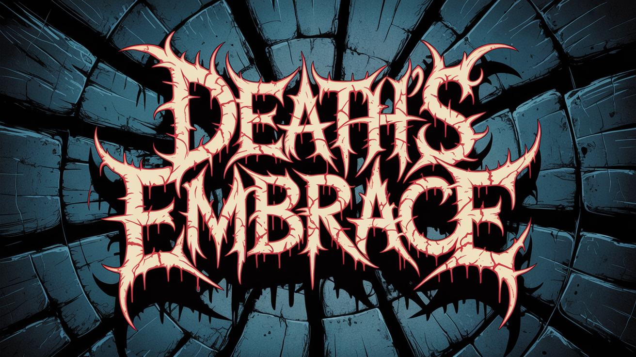A professional death metal logo for the band 'DEATH'S EMBRACE', set against a dark textured background. The logo is black and red, with jagged, spiky letters entangled with thorns and skulls, creating a dark and menacing look.