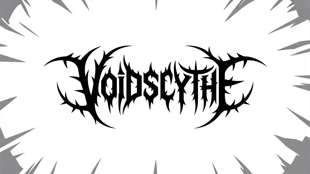 A black and white death metal logo for the fictional band 'VOIDSCYTHE' on a plain white background. The lettering is extremely sharp, spiky, and difficult to read, typical of the death metal genre.